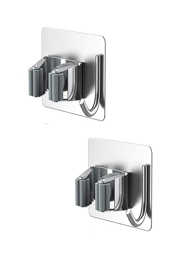Swaze Adhesive Mop Holder and Broom Holder Wall Mounted Steel | Broom Stick Holder Wall Mounted for Home No Drilling Silver (1 slot - Pk of 2) - Image 1